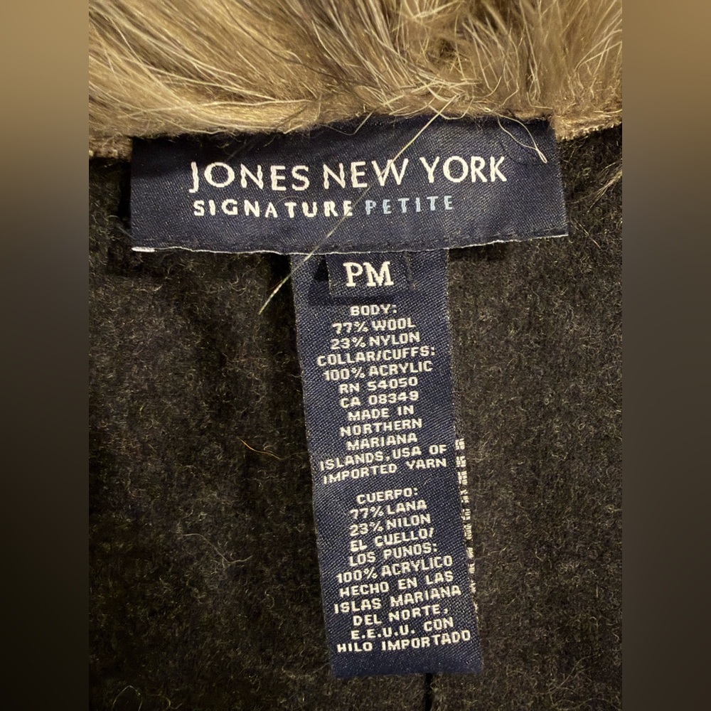 Jones New York Dark Gray Wool Trench Coat with Faux Fur Trim - Picture 6 of 6